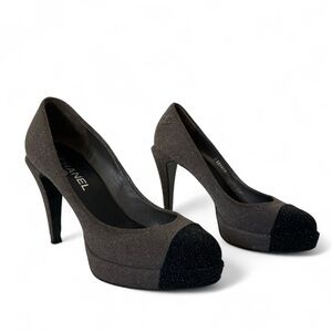 Chanel Charcoal Gray Sparkle Textured Black Cap Toe Platform Pump Heels size 39
